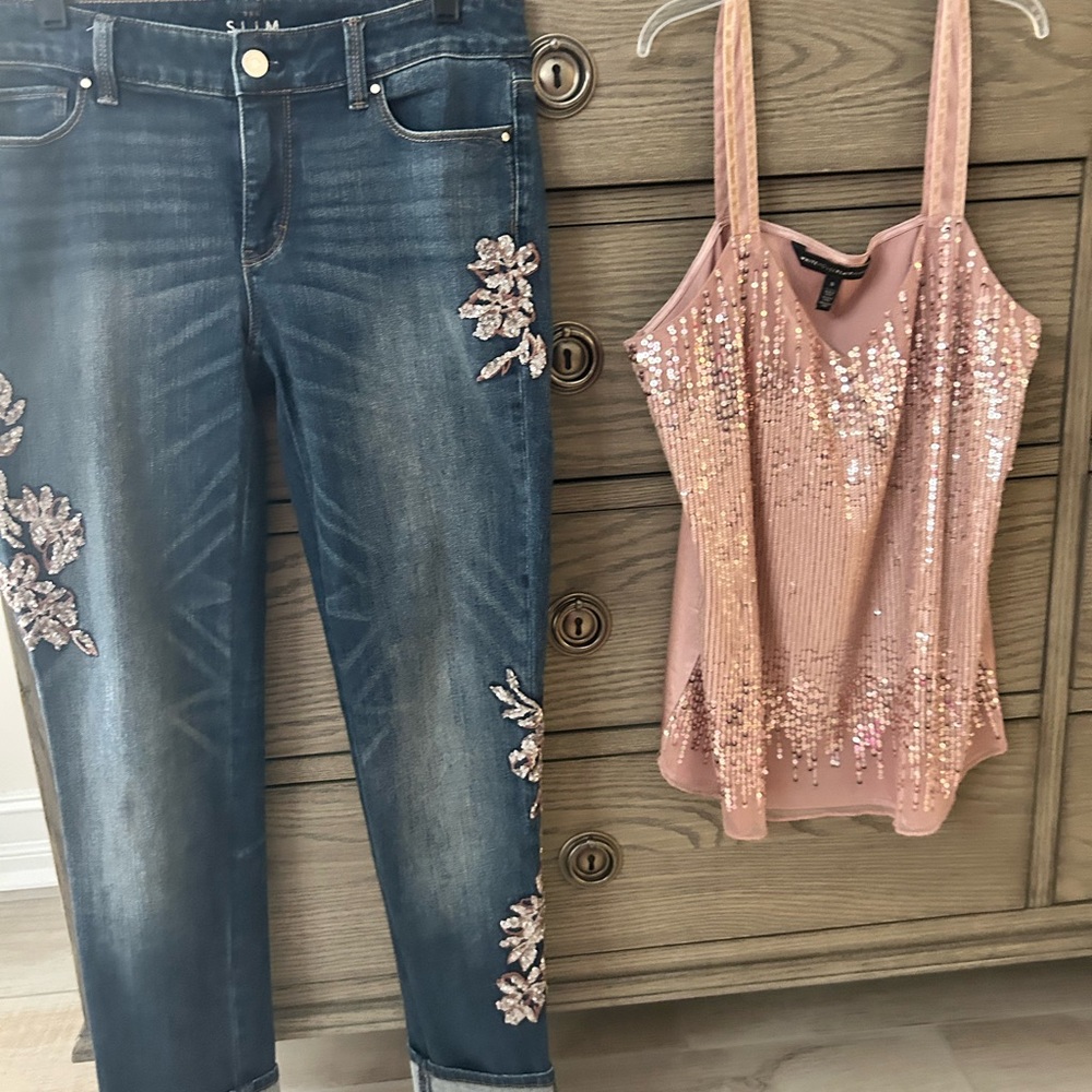 White House Black Market Blue Jeans with Pink Embellishments WITH matching Cami!